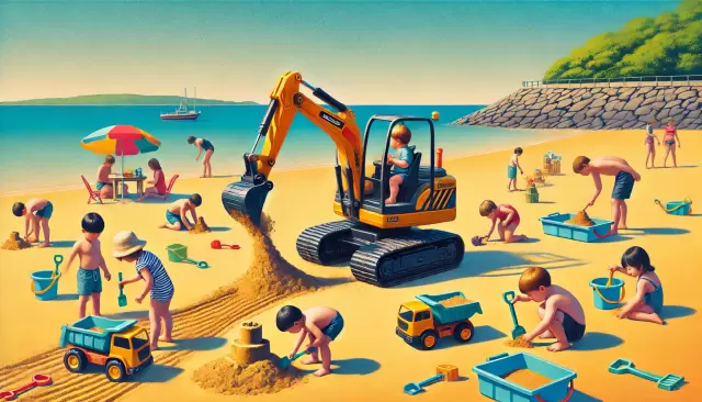 DALL·E 2024-12-16 20.09.32 - A playful scene on a sandy beach featuring children engaged in sand play. In the center, a child is seated on a functional ride-on excavator toy, acti.webp