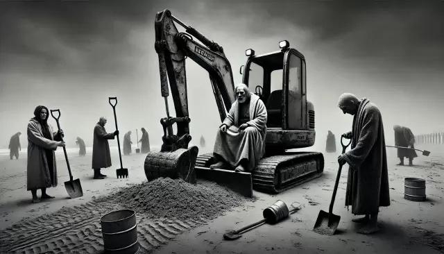 DALL·E 2024-12-16 20.56.06 - A haunting black-and-white, photorealistic scene on a desolate beach. In the center, an adult sits ominously on a functional, ride-on excavator, diggi.webp
